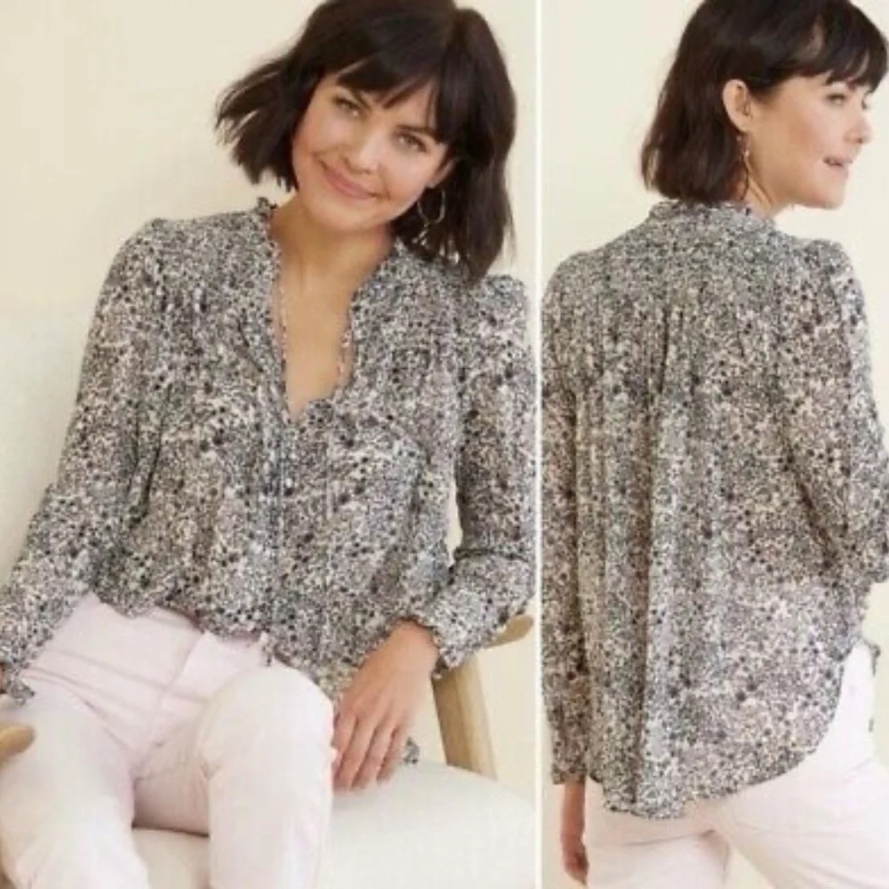Free People Ivory Combo Floral Smocked Blouse Ruffle‎ Neck Top OB1010657 Small